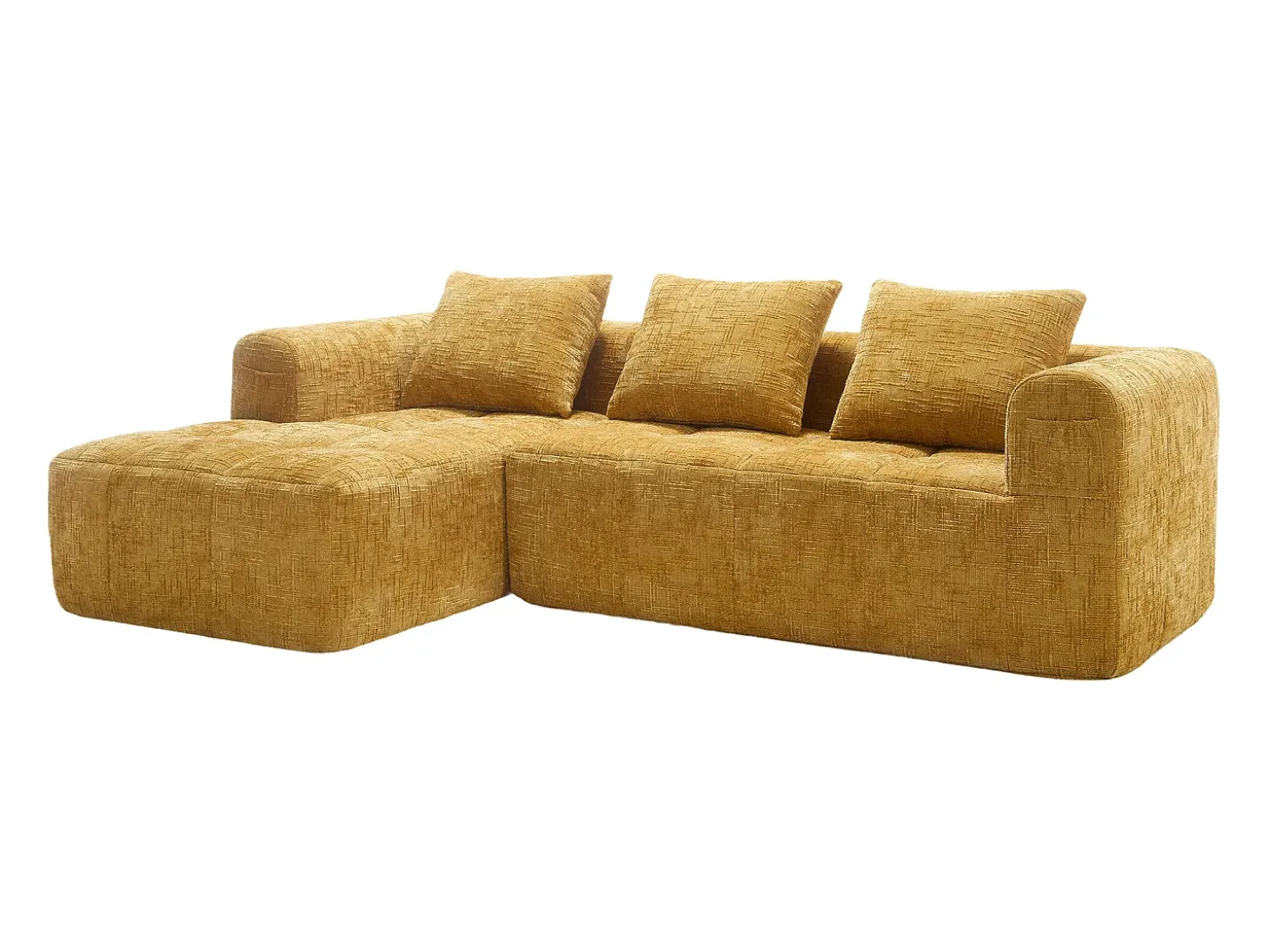 Sofá de canto amarelo - com bolsas de arrumação e 3 almofadas - chenille - com chaise longue e braços