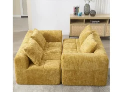 Sofá de canto amarelo - com bolsas de arrumação e 3 almofadas - chenille - com chaise longue e braços