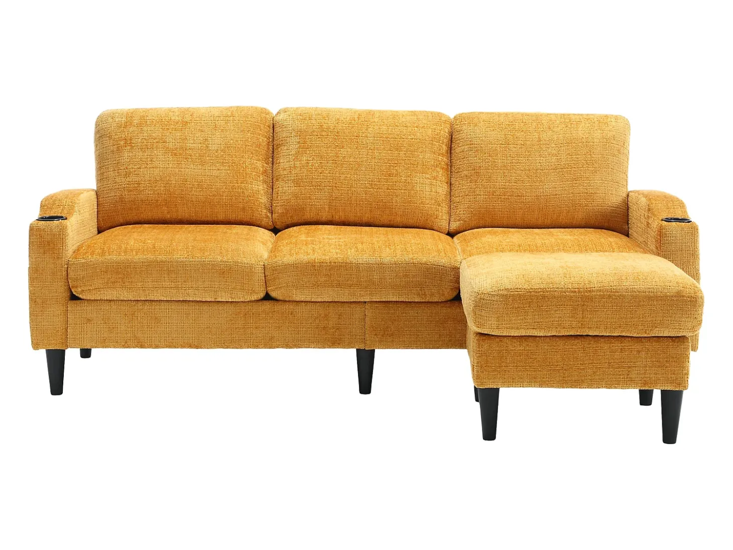 Sofá de canto amarelo - Sofá com pufe e compartimento de arrumação - chenille - suporte para copos e compartimento de arrumação
