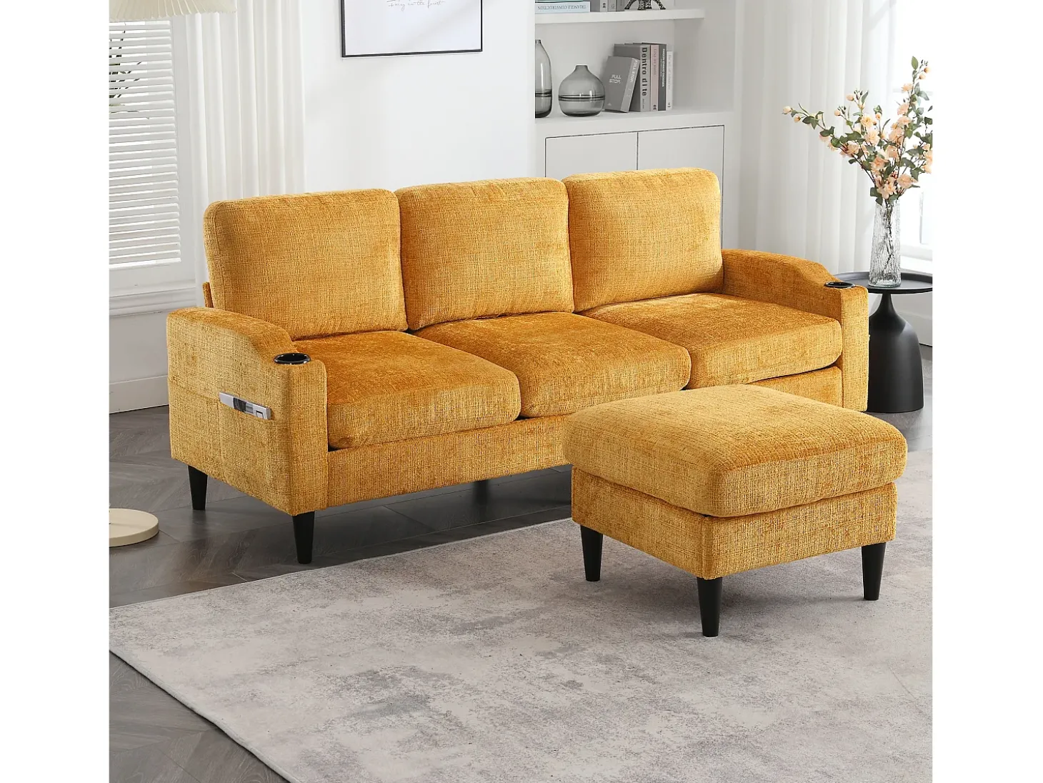 Sofá de canto amarelo - Sofá com pufe e compartimento de arrumação - chenille - suporte para copos e compartimento de arrumação