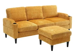 Sofá de canto amarelo - Sofá com pufe e compartimento de arrumação - chenille - suporte para copos e compartimento de arrumação