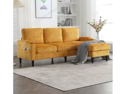 Sofá de canto amarelo - Sofá com pufe e compartimento de arrumação - chenille - suporte para copos e compartimento de arrumação