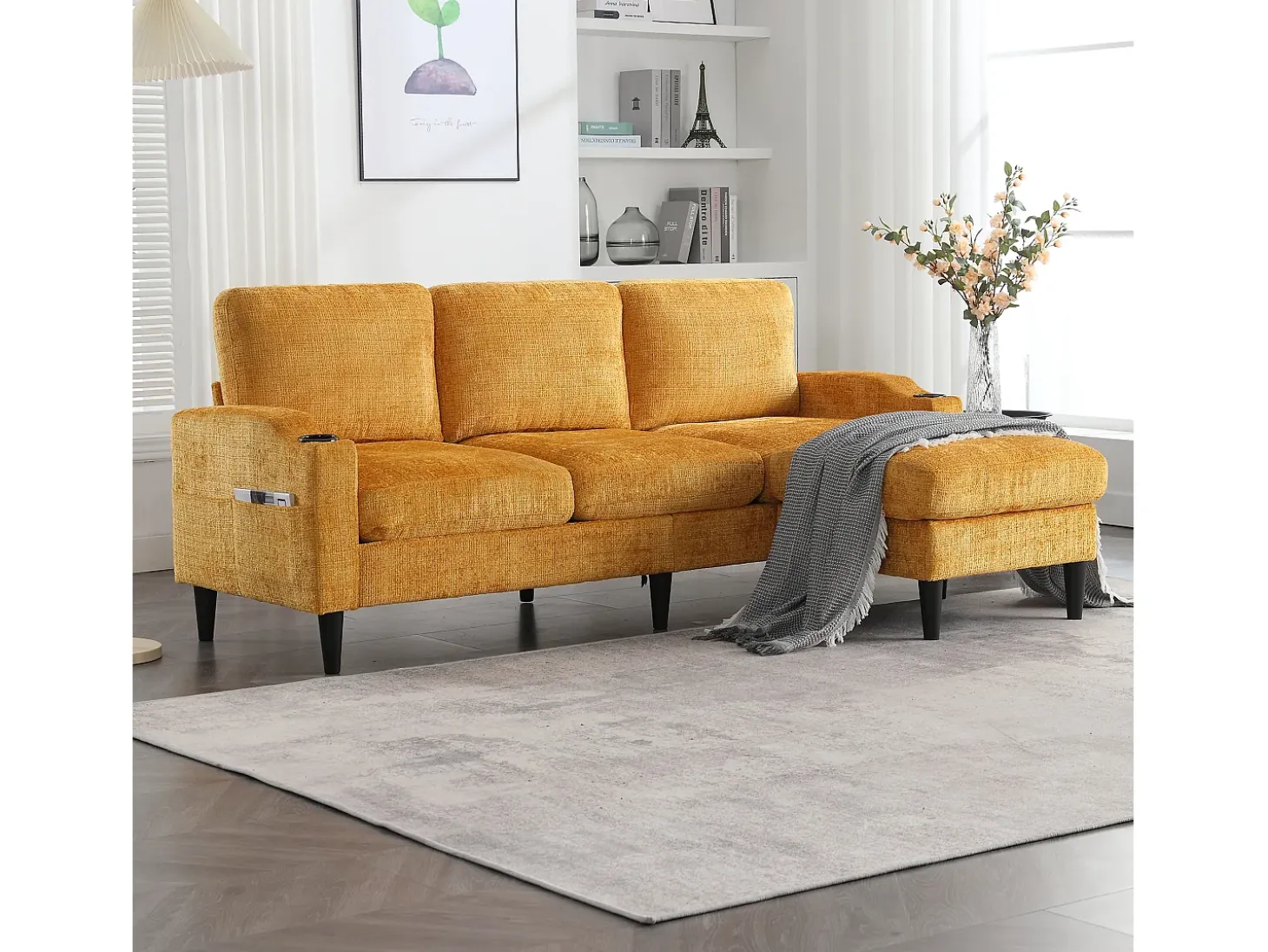 Sofá de canto amarelo - Sofá com pufe e compartimento de arrumação - chenille - suporte para copos e compartimento de arrumação