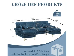 Sofá de canto azul - Sofá de 4 lugares com assentos e almofadas - chenille - para sala de estar e quarto