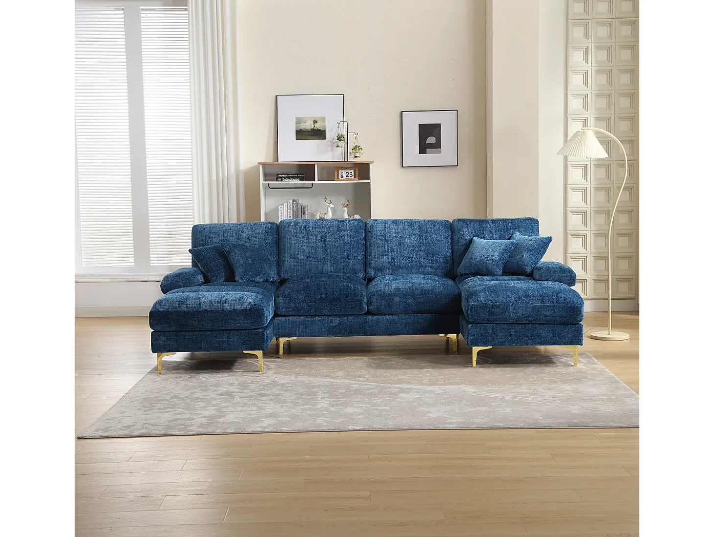 Sofá de canto azul - Sofá de 4 lugares com assentos e almofadas - chenille - para sala de estar e quarto