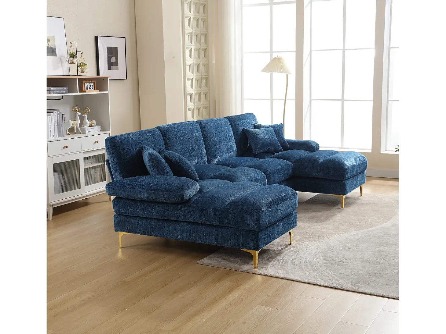 Sofá de canto azul - Sofá de 4 lugares com assentos e almofadas - chenille - para sala de estar e quarto