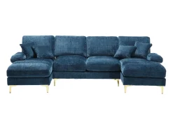 Sofá de canto azul - Sofá de 4 lugares com assentos e almofadas - chenille - para sala de estar e quarto