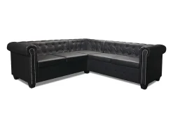 Sofá de canto Chesterfield de 5 lugares em couro sintético preto 02_0019699