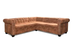 Sofá de canto Chesterfield 5 lugares couro artificial castanho