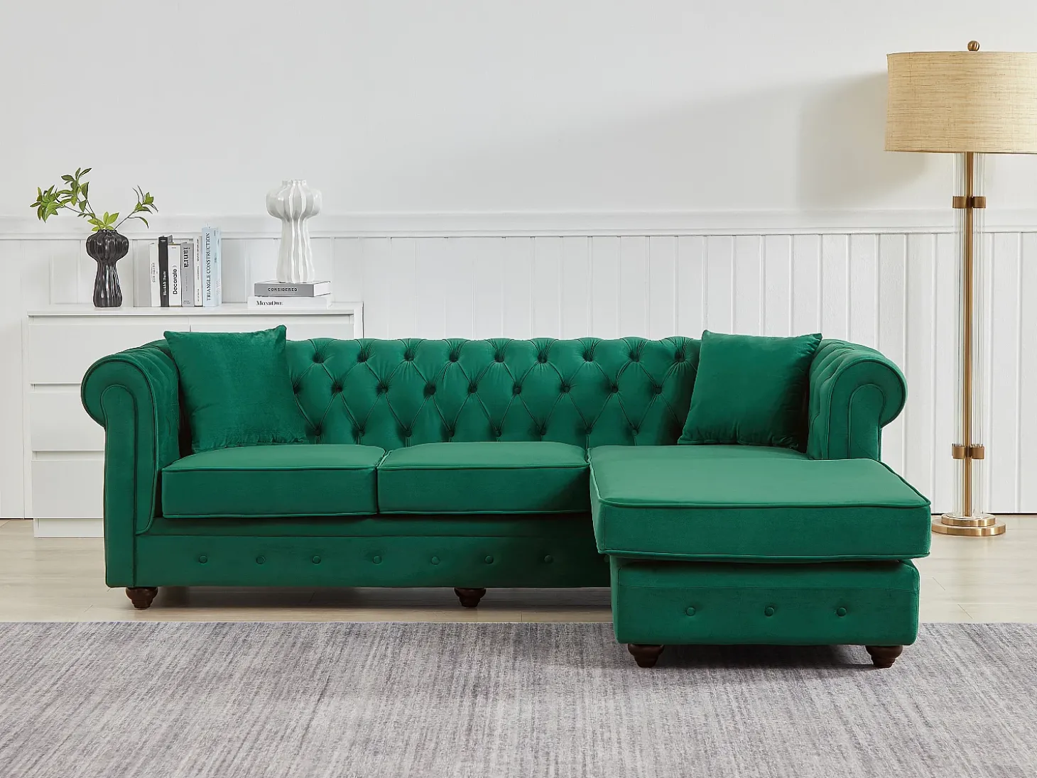 Sofá de canto chesterfield reversível em veludo verde TOLEDO