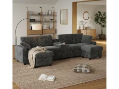 Sofá de canto com 2 apoios para os pés com espaço de armazenamento + 2 porta-copos + 1 porta USB e tomadas - 315 x 135 x 81 cm - veludo - cinza