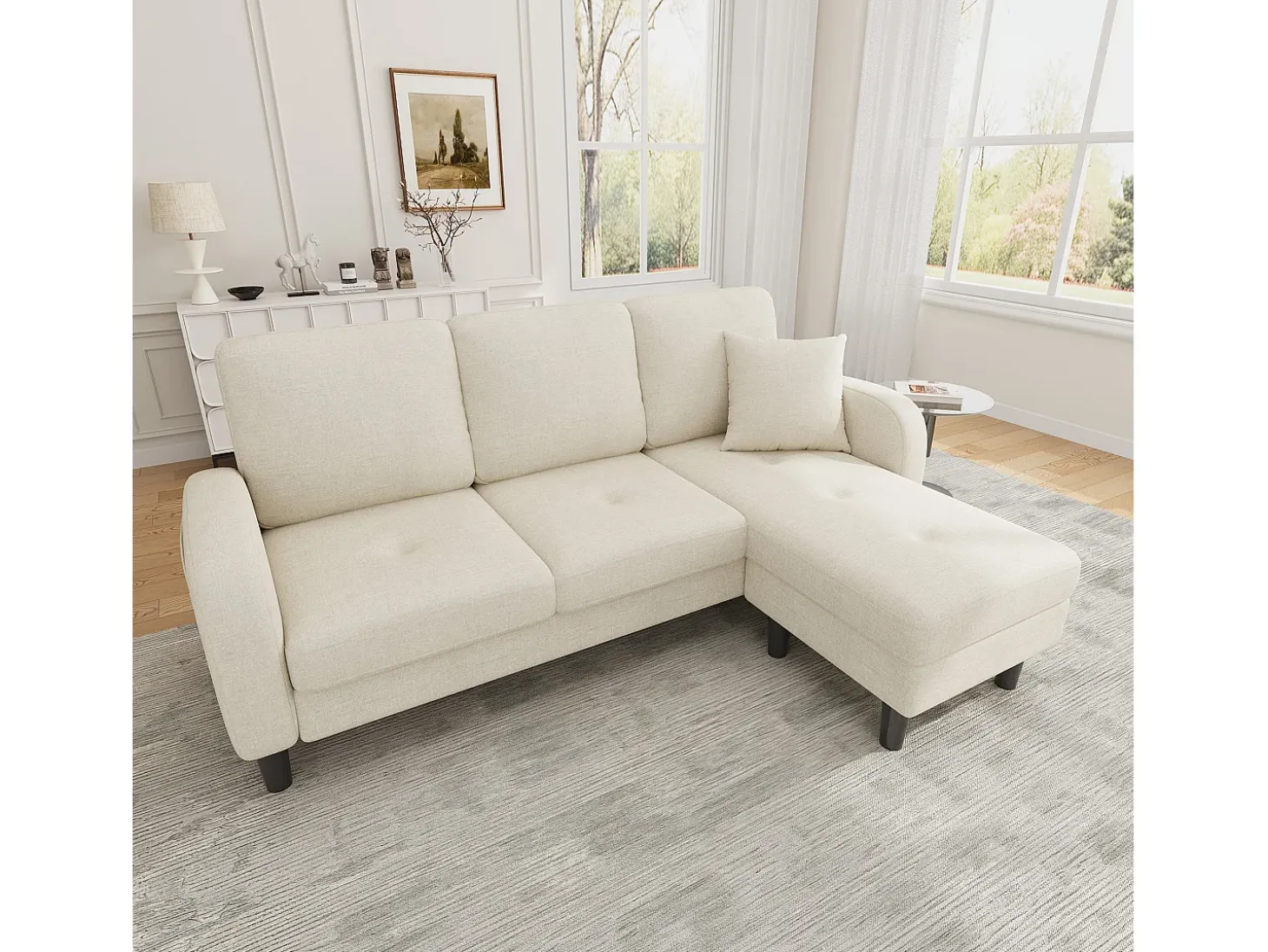 Sofá de canto com chaise longue - 3 lugares - tecido de algodão e linho - Bege claro