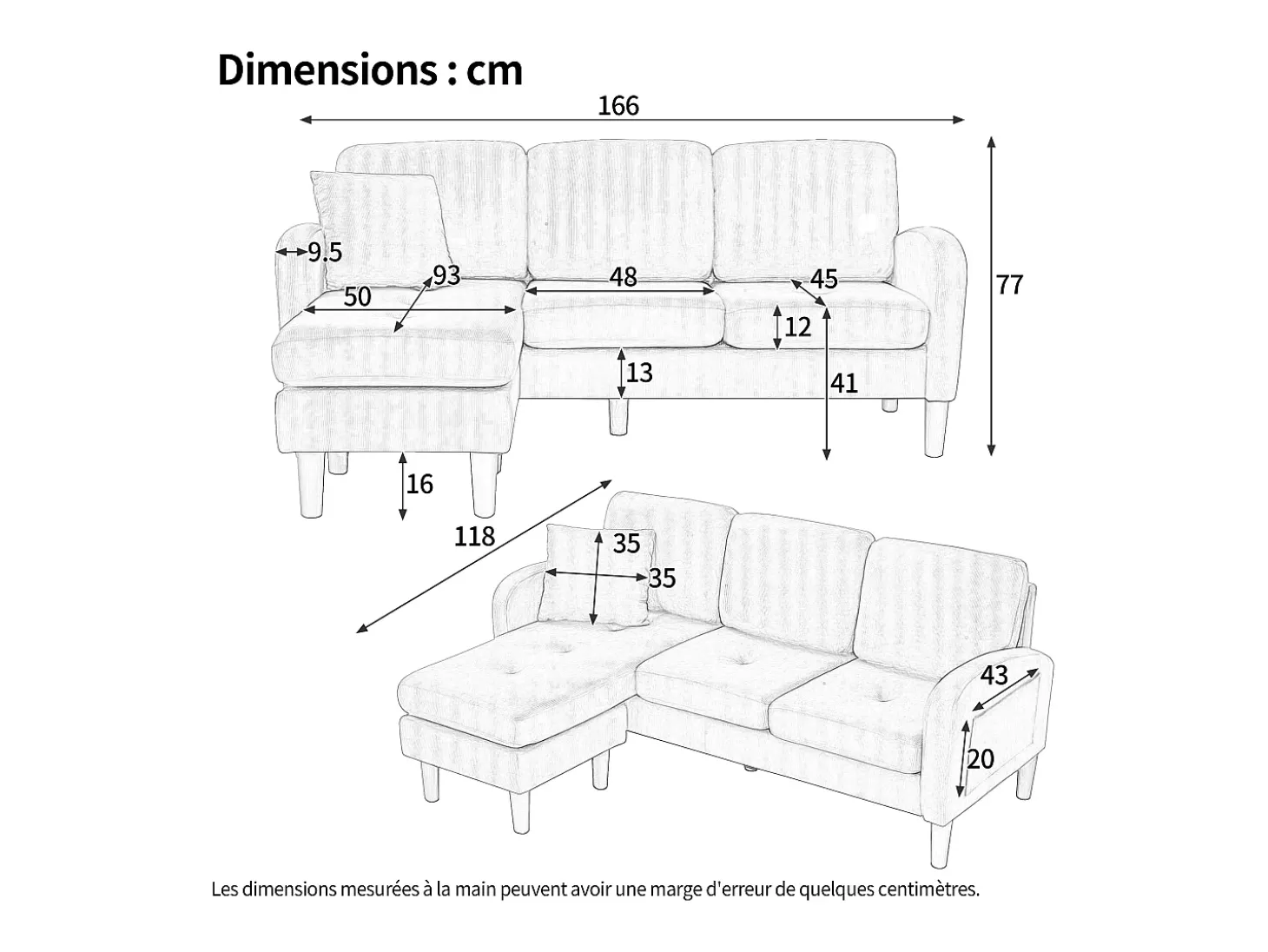 Sofá de canto com chaise longue - 3 lugares - tecido de algodão e linho - Bege claro