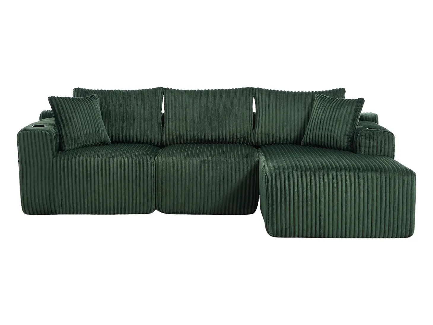 Sofá de canto com suporte para copos - Sofá de 3 lugares com cinco almofadas e bolsos laterais - bombazine verde