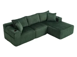 Sofá de canto com suporte para copos - Sofá de 3 lugares com cinco almofadas e bolsos laterais - bombazine verde