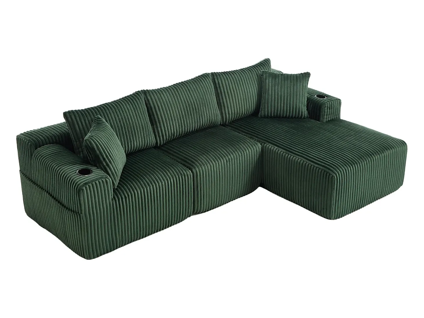Sofá de canto com suporte para copos - Sofá de 3 lugares com cinco almofadas e bolsos laterais - bombazine verde