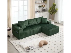 Sofá de canto com suporte para copos - Sofá de 3 lugares com cinco almofadas e bolsos laterais - bombazine verde