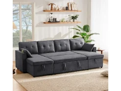 Sofá de canto conversível com 2 baús, almofada e porta-copos - Algodão e linho - 270×130×86 cm - Cinza