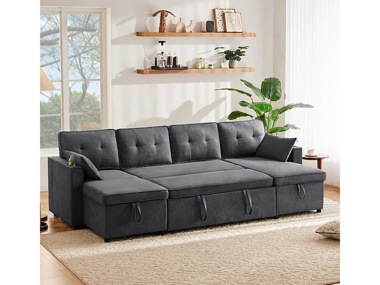 Sofá de canto conversível com 2 baús, almofada e porta-copos - Algodão e linho - 270×130×86 cm - Cinza