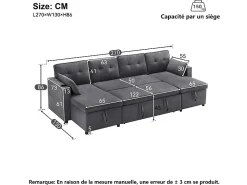 Sofá de canto conversível com 2 baús, almofada e porta-copos - Algodão e linho - 270×130×86 cm - Cinza