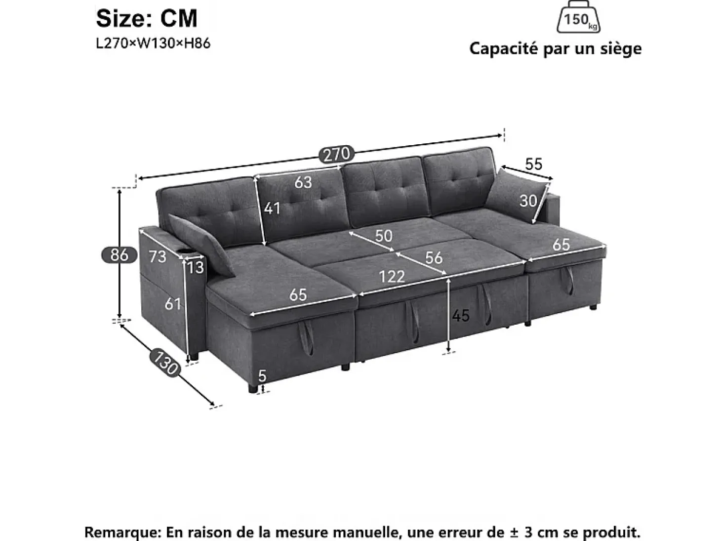 Sofá de canto conversível com 2 baús, almofada e porta-copos - Algodão e linho - 270×130×86 cm - Cinza