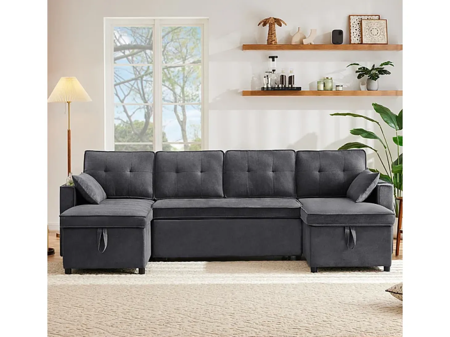 Sofá de canto conversível com 2 baús, almofada e porta-copos - Algodão e linho - 270×130×86 cm - Cinza