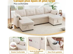 Sofá de canto conversível com 2 baús, almofada e porta-copos - Algodão e linho - 270×130×86 cm - Bege