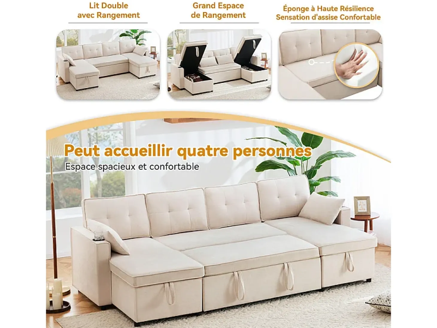 Sofá de canto conversível com 2 baús, almofada e porta-copos - Algodão e linho - 270×130×86 cm - Bege