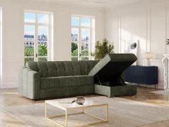 Sofá de canto convertível abertura rápida tecido verde caqui ripas largas - 160 cm - 22 cm DARIELO