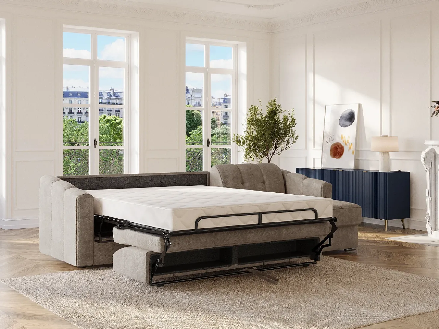 Sofá de canto convertível et reversível abertura rápida em tecido taupe - 160 cm - 18 cm DARIELO