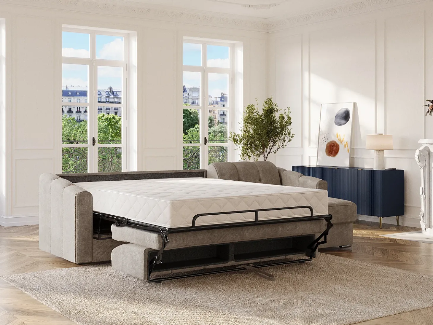 Sofá de canto convertível et reversível abertura rápida em tecido taupe - 140 cm - 22 cm DARIELO
