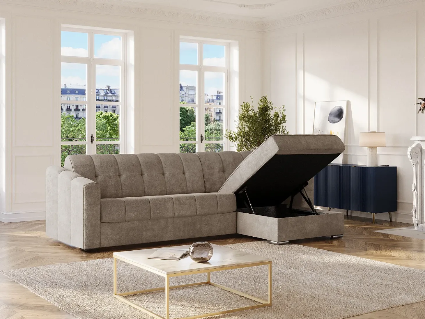 Sofá de canto convertível et reversível abertura rápida em tecido taupe - 160 cm - 14 cm DARIELO