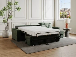 Sofá de canto convertível veludo canelado verde, cama 140 cm, colchão 18 cm VIZIR