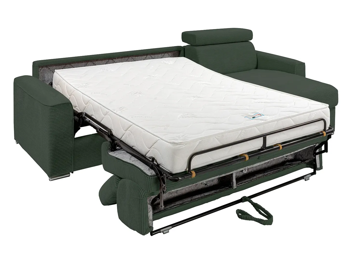 Sofá de canto convertível veludo canelado verde, cama 140 cm, colchão 18 cm VIZIR