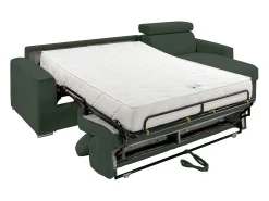 Sofá de canto convertível veludo canelado verde, cama 140 cm, colchão 22 cm VIZIR