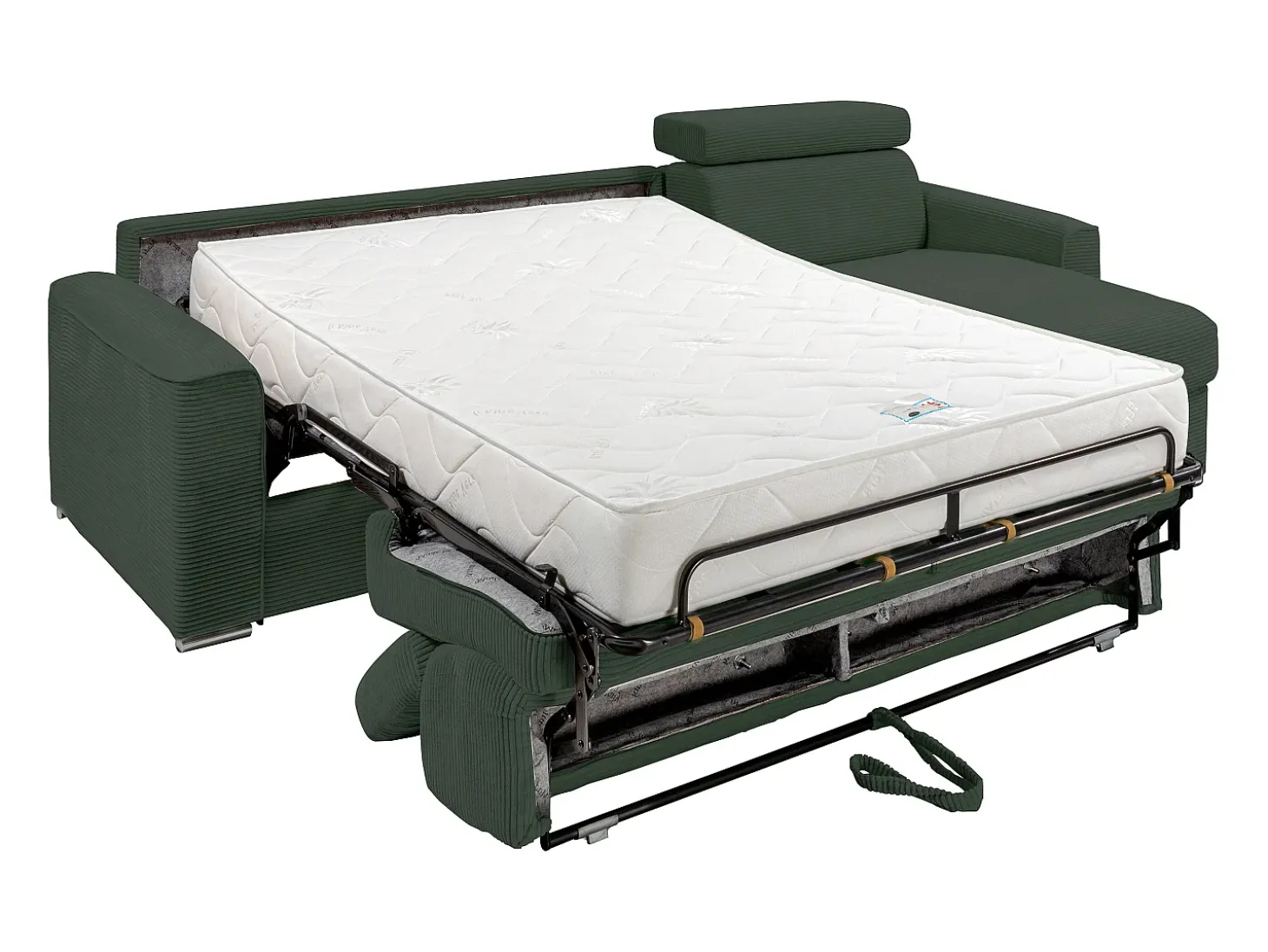 Sofá de canto convertível veludo canelado verde, cama 140 cm, colchão 22 cm VIZIR