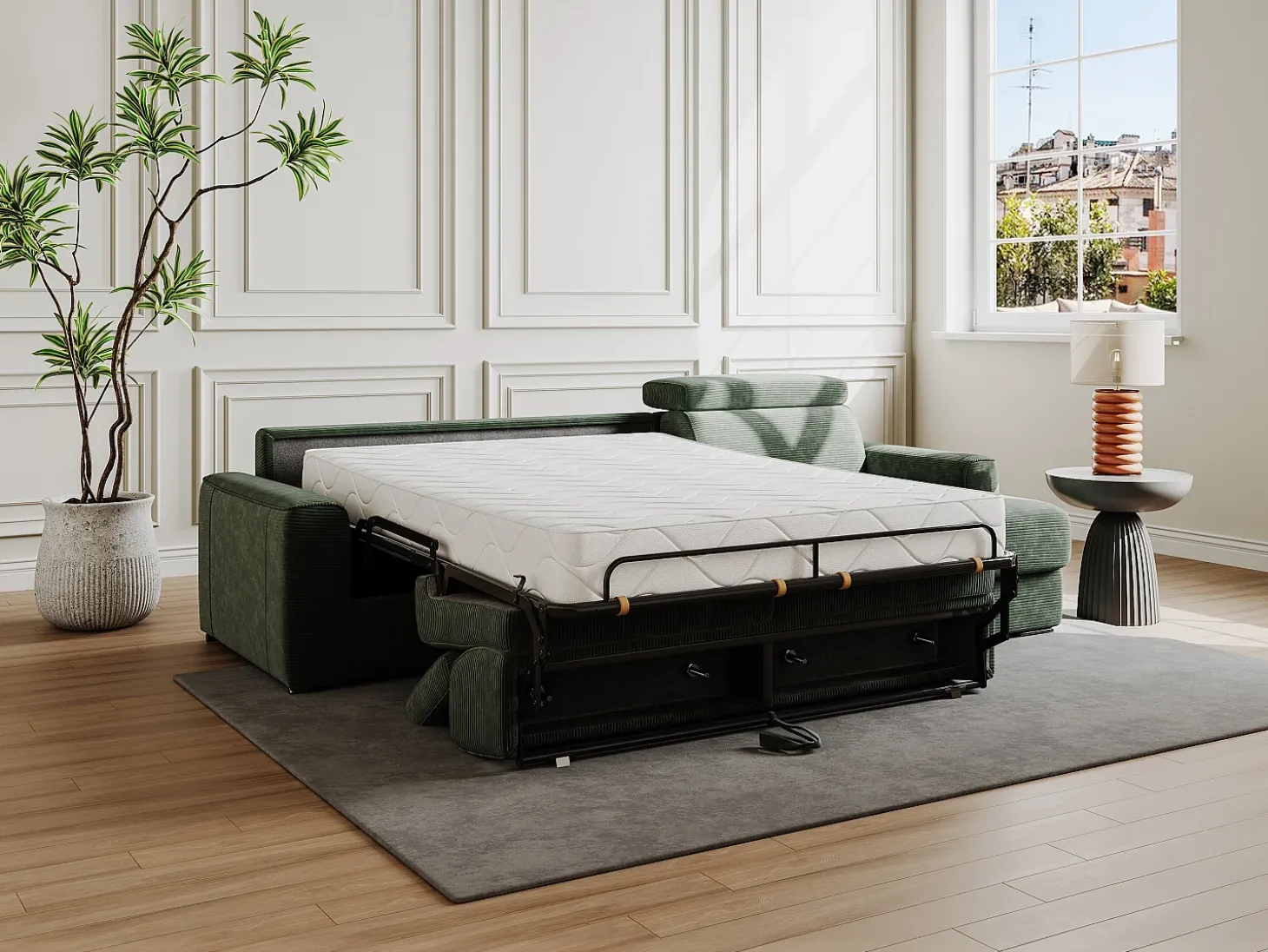 Sofá de canto convertível veludo canelado verde, cama 140 cm, colchão 22 cm VIZIR