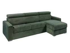 Sofá de canto convertível veludo canelado verde, cama 140 cm, colchão 22 cm VIZIR