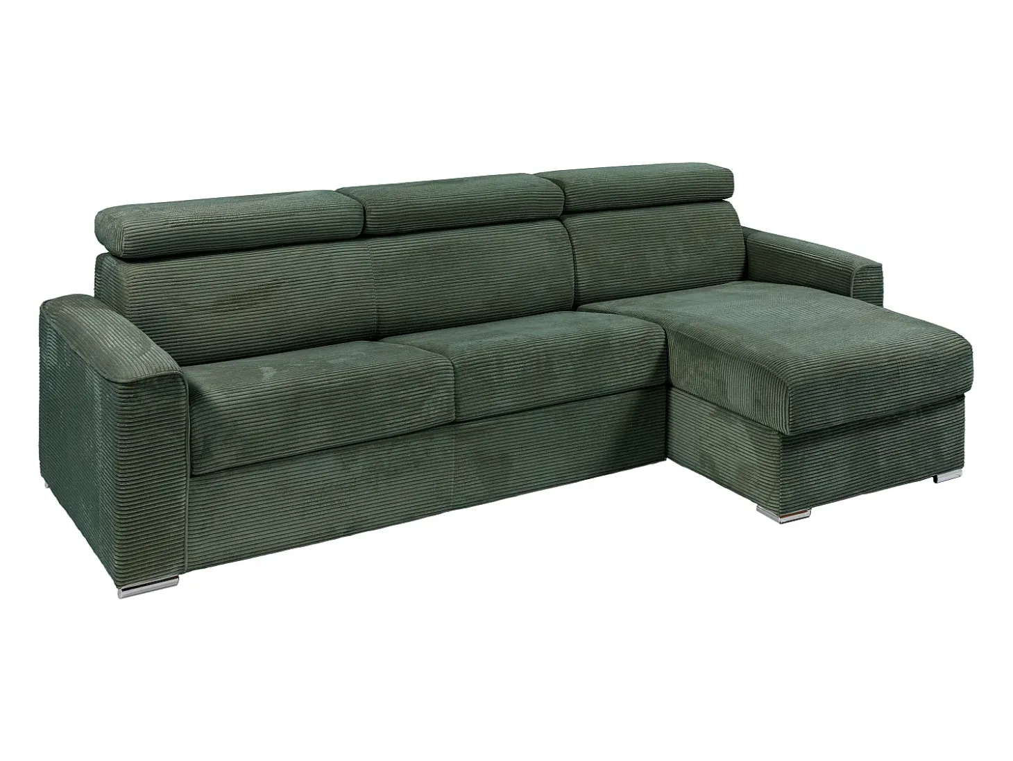 Sofá de canto convertível veludo canelado verde, cama 140 cm, colchão 22 cm VIZIR