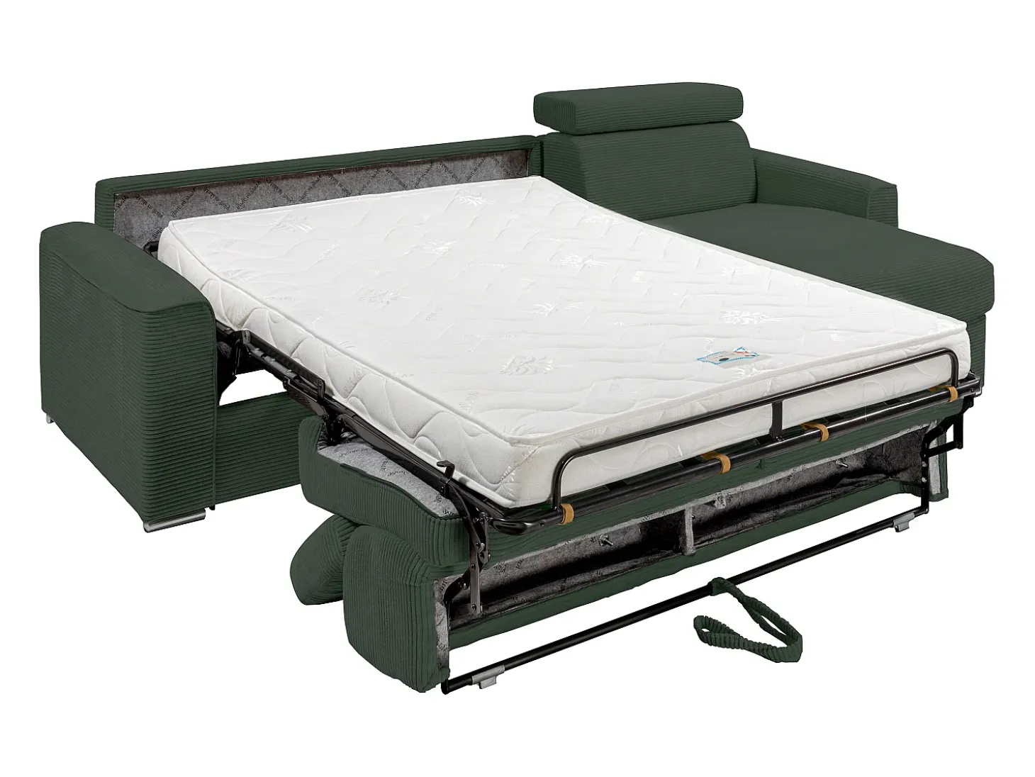 Sofá de canto convertível veludo canelado verde, cama 160 cm, colchão 14 cm VIZIR
