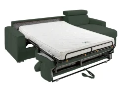 Sofá de canto convertível veludo canelado verde, cama 140 cm, colchão 14 cm VIZIR