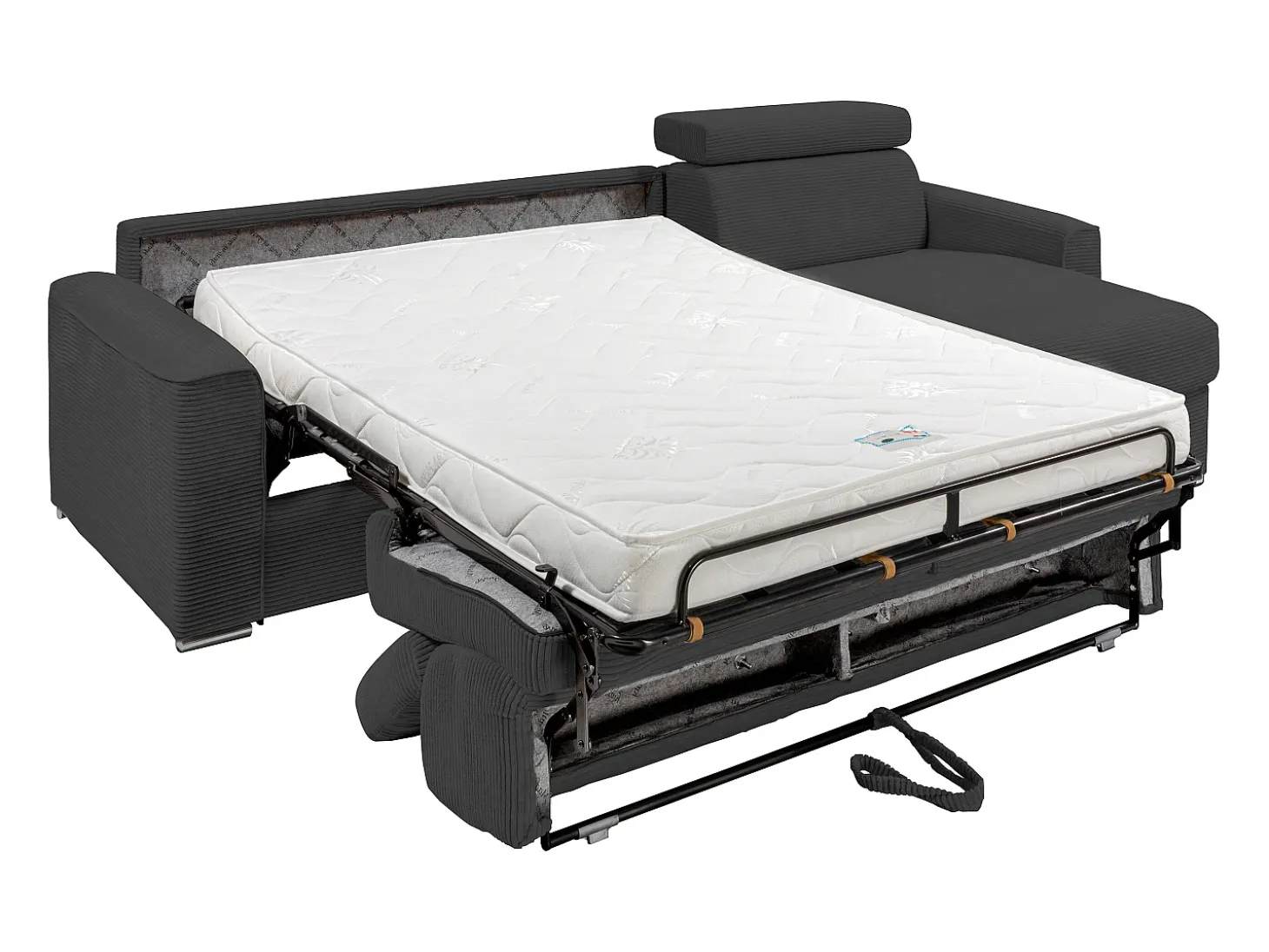Sofá de canto convertível veludo canelado antracite, cama 140 cm, colchão 14 cm VIZIR