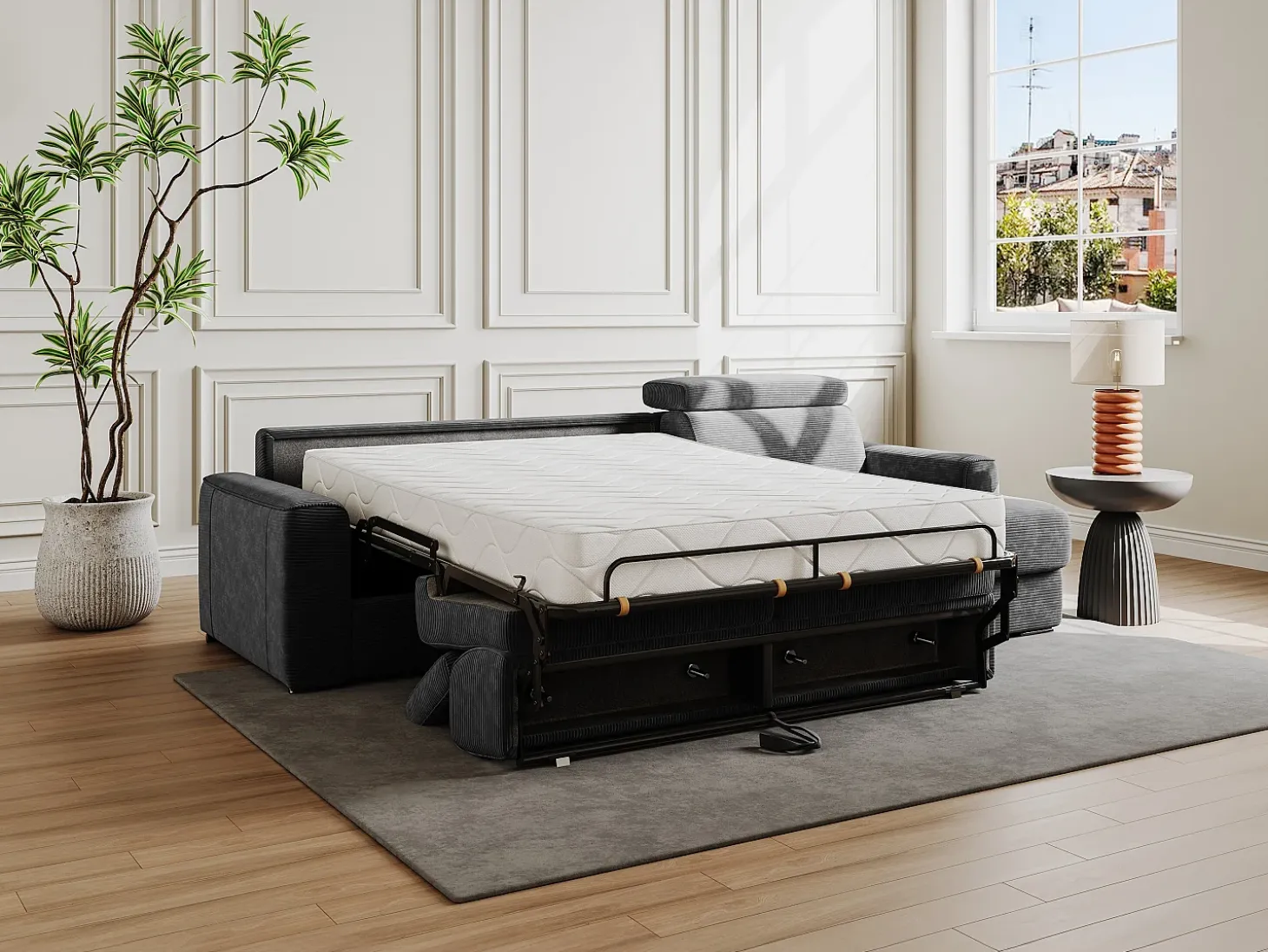Sofá de canto convertível veludo canelado antracite, cama 140 cm, colchão 14 cm VIZIR