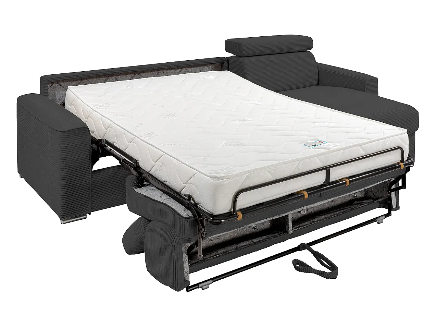 Sofá de canto convertível veludo canelado antracite, cama 160 cm, colchão 18 cm VIZIR