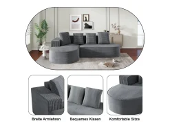 Sofá de canto de 3 lugares com 4 almofadas - Chaise longue em forma de L - Veludo cotelê cinzento - Não necessita de montagem