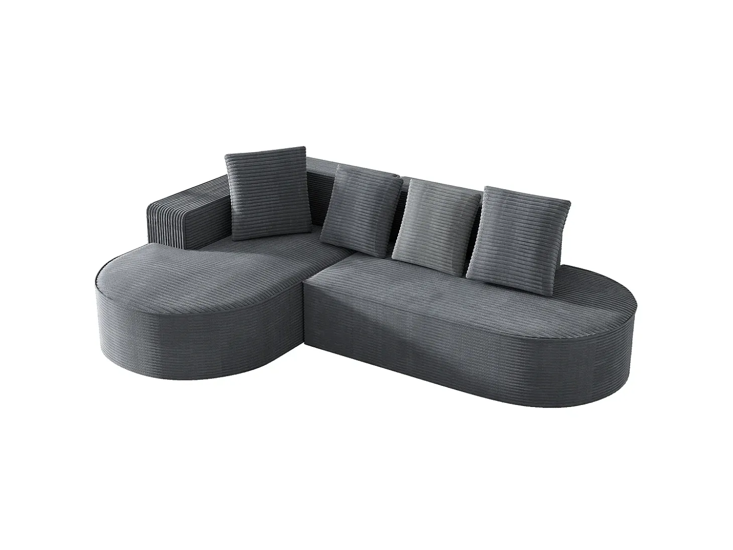 Sofá de canto de 3 lugares com 4 almofadas - Chaise longue em forma de L - Veludo cotelê cinzento - Não necessita de montagem