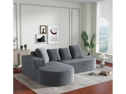 Sofá de canto de 3 lugares com 4 almofadas - Chaise longue em forma de L - Veludo cotelê cinzento - Não necessita de montagem