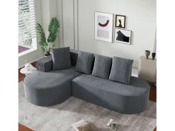 Sofá de canto de 3 lugares com 4 almofadas - Chaise longue em forma de L - Veludo cotelê cinzento - Não necessita de montagem
