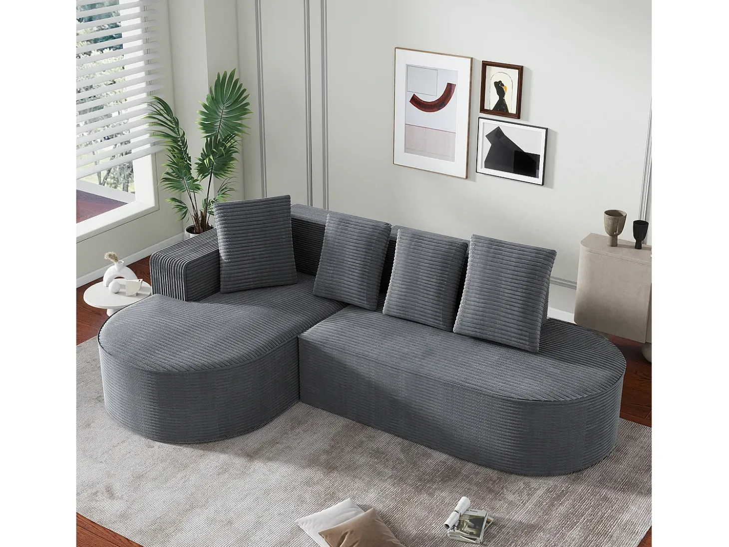Sofá de canto de 3 lugares com 4 almofadas - Chaise longue em forma de L - Veludo cotelê cinzento - Não necessita de montagem