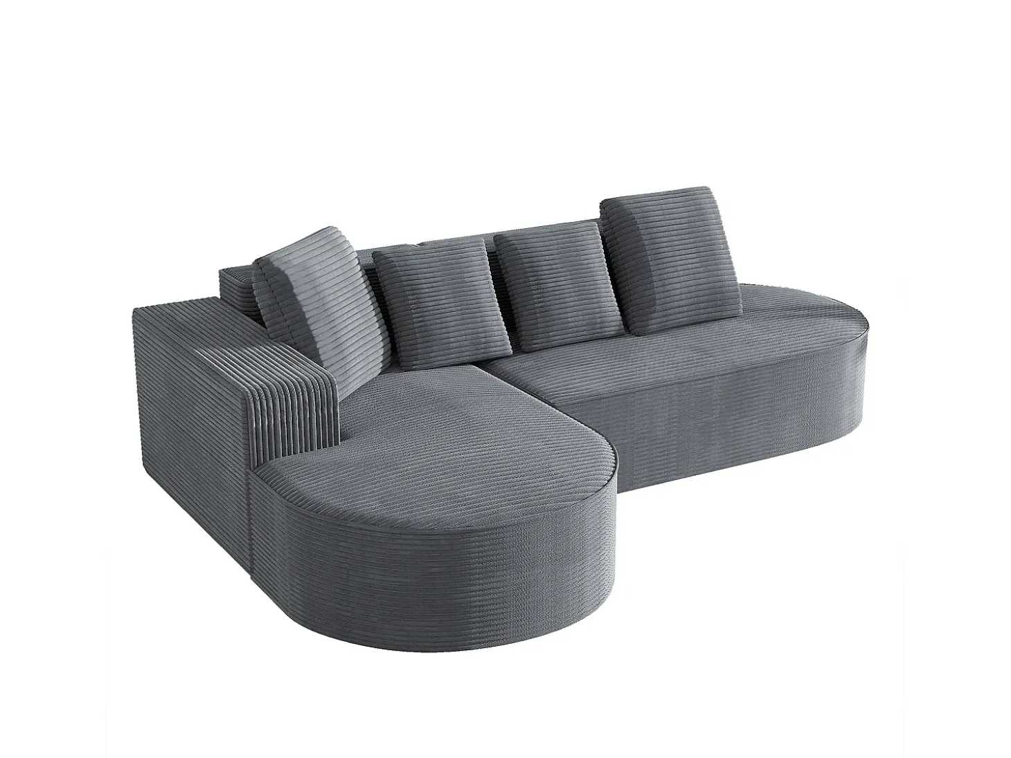 Sofá de canto de 3 lugares com 4 almofadas - Chaise longue em forma de L - Veludo cotelê cinzento - Não necessita de montagem